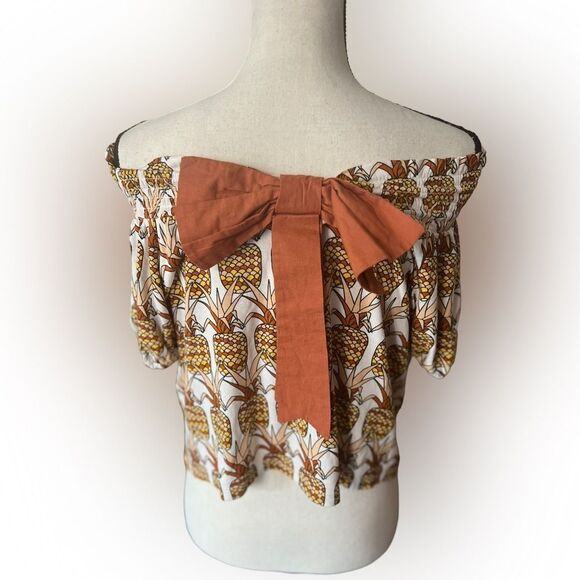 Anthropologie Cottagecore Off Shoulder Pineapple Bow Back Smocked Top Boho S - Picture 6 of 8